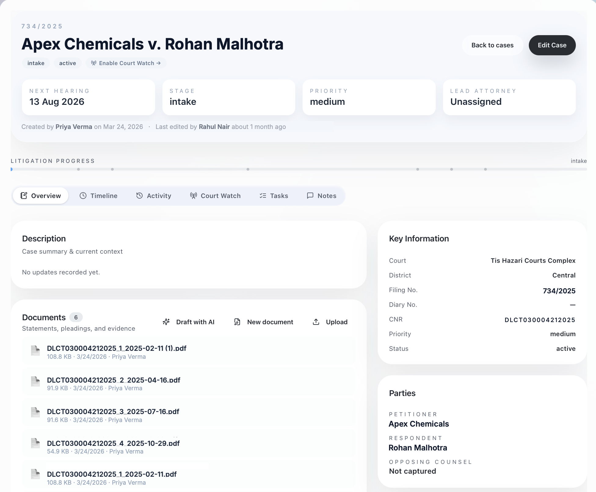 A case file in LegalFlow — parties, key information, CNR, documents and next hearing (fictional demo data)