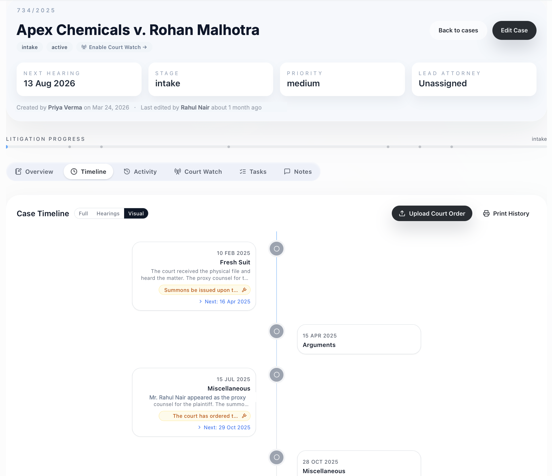 Visual litigation timeline of a case — fresh suit, arguments and orders, with AI-extracted court directions (fictional demo data)