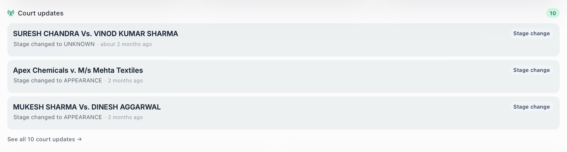 Court updates feed in LegalFlow — stage changes tracked automatically from the courts (fictional demo data)