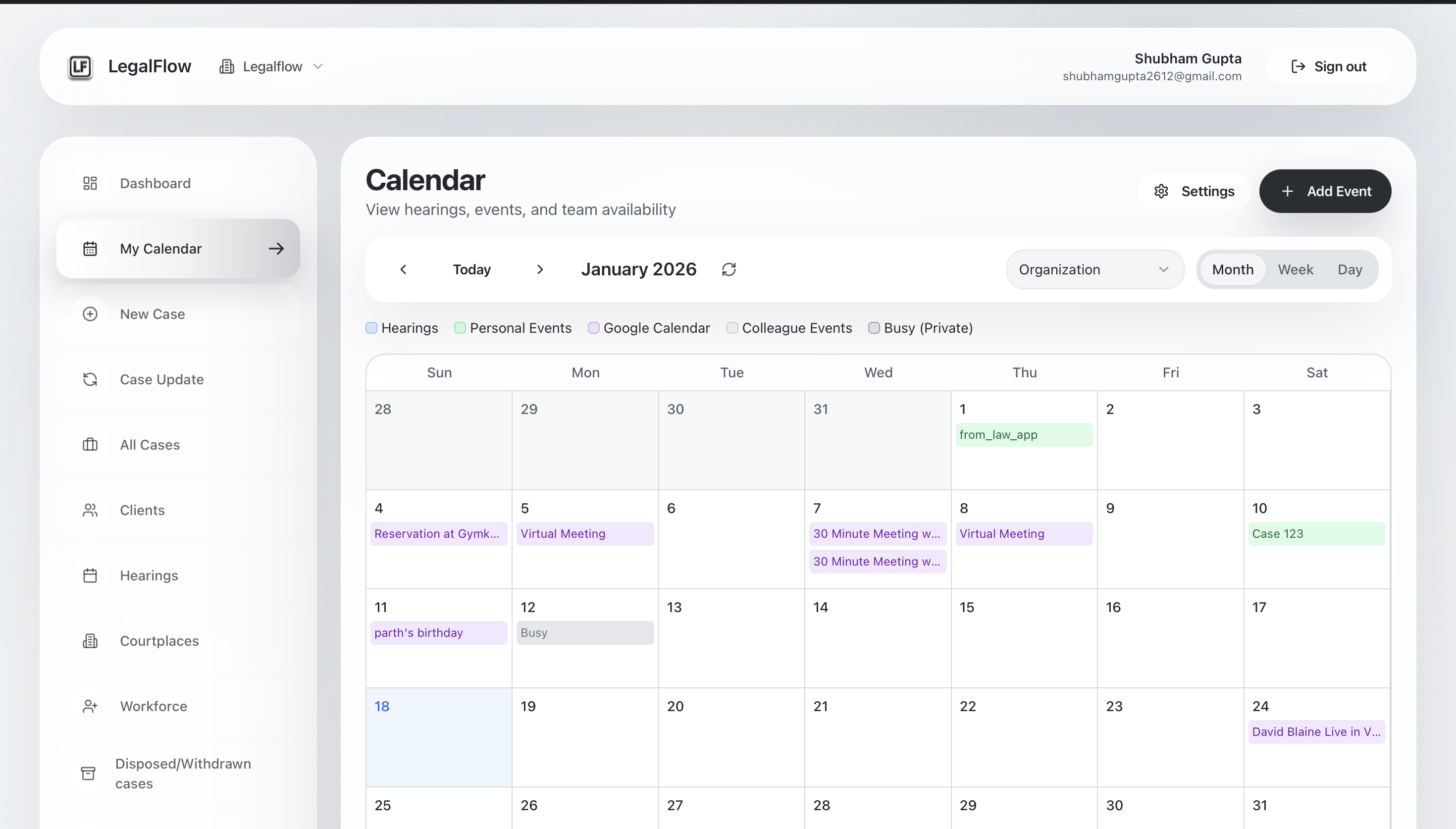 LegalFlow dashboard — case overview, hearings, and AI analysis